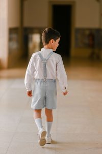Calção Clássico Linho menino, camisa e suspensórios